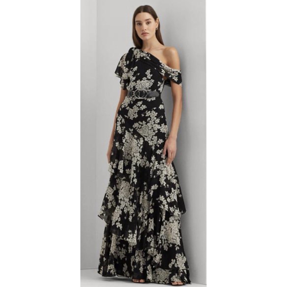 NWT Lauren Ralph Lauren Floral Georgette One Shoulder Tiered Gown Size 8
